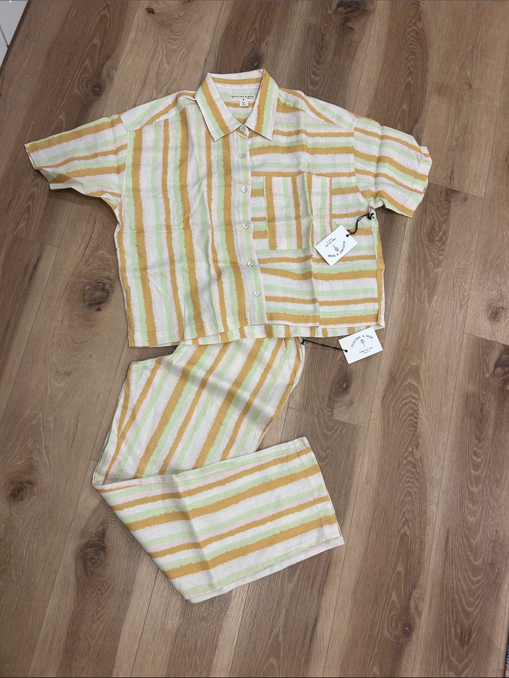 Electric & Rose Striped Two-Piece Set in Yellow, Green, and Cream